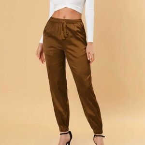 Allegra K Coffee Brown Drawstring Elastic Waist Satin Jogger Pants